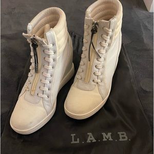 L.A.M.B Georgi White Leather Hidden Wedge Zip Up High Top  size 6